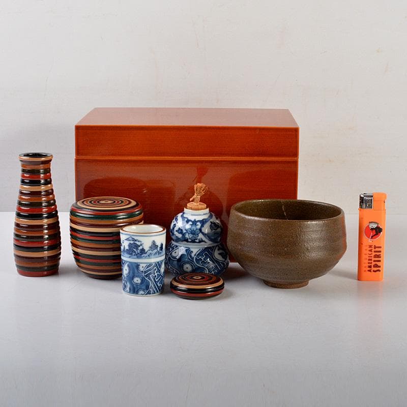 茶道具　漆塗　春慶塗茶箱　洞華作　茶碗　香合など　七点　一式　仕覆付　C6457