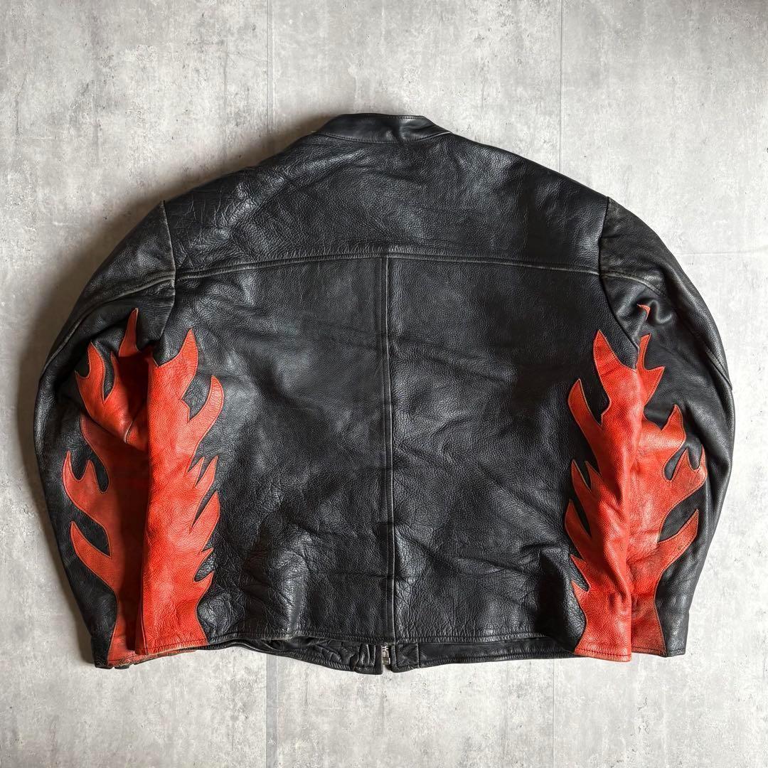【90s vintage】ライダース　シングル　ファイアパターン　本革　古着
