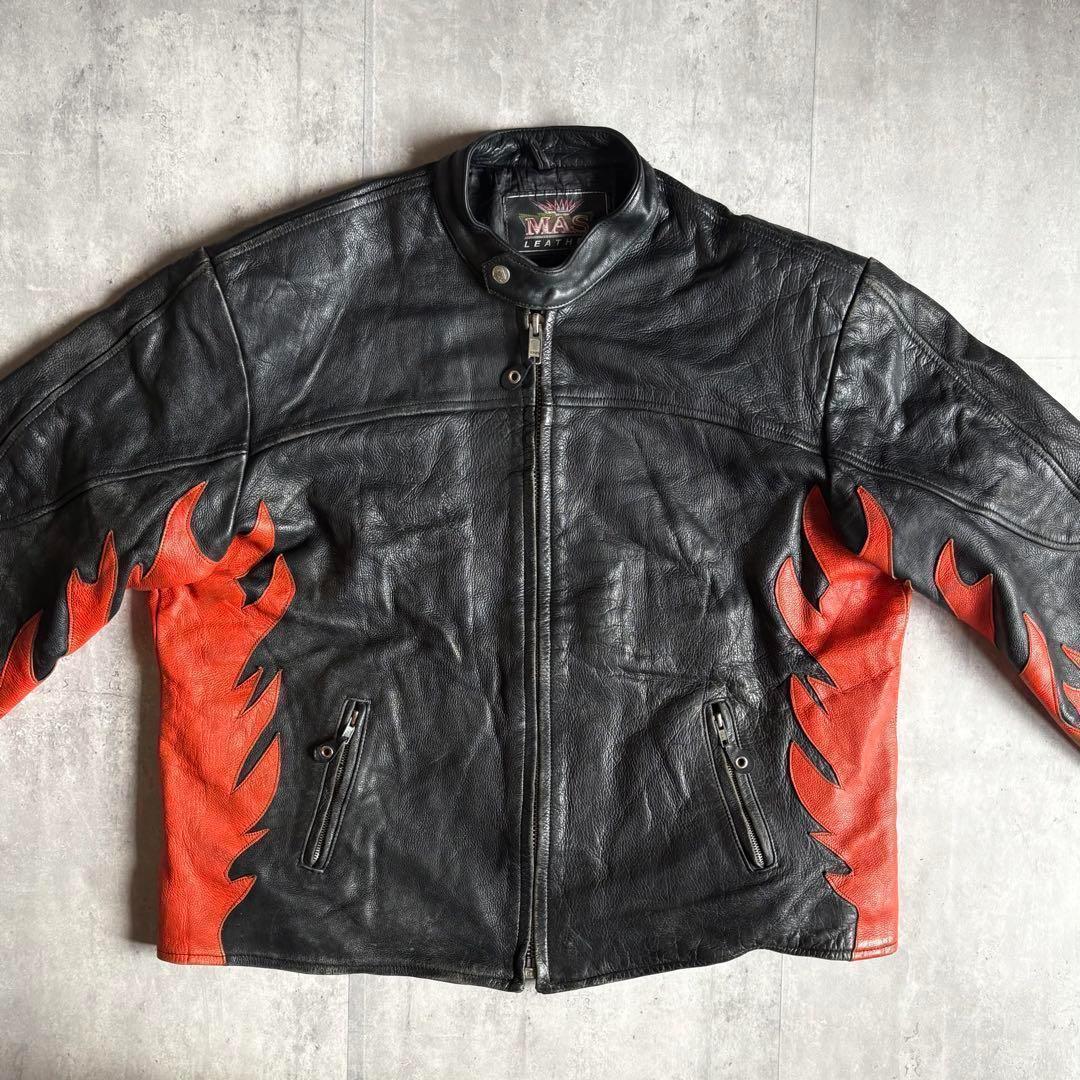 【90s vintage】ライダース　シングル　ファイアパターン　本革　古着