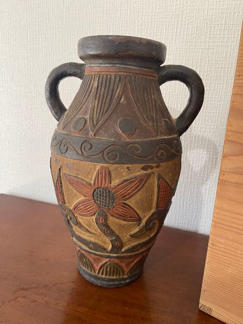 【コレクション整理】沖縄 焼物 壺屋焼 琉球古典焼 陶器 やちむん 花瓶 木箱付