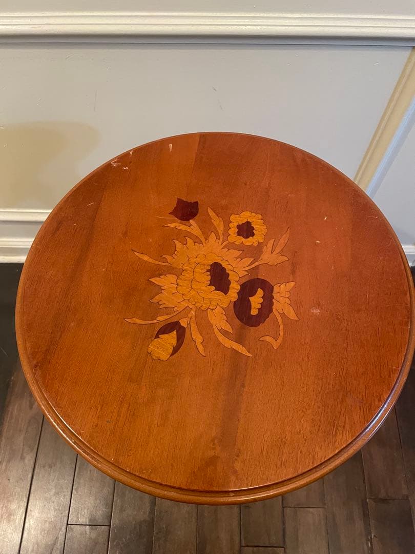 イタリア製　ヴィンテージ　花柄象嵌　サイドテーブル　カフェテーブル　花台　猫脚