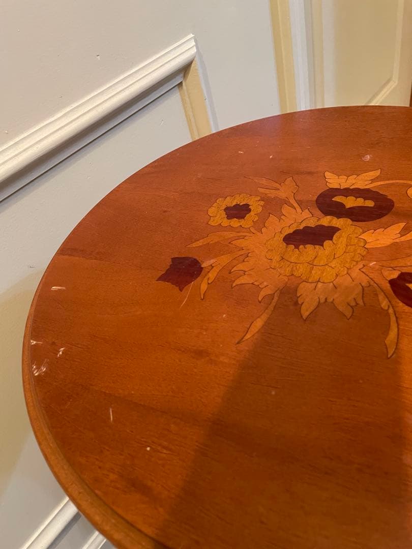 イタリア製　ヴィンテージ　花柄象嵌　サイドテーブル　カフェテーブル　花台　猫脚