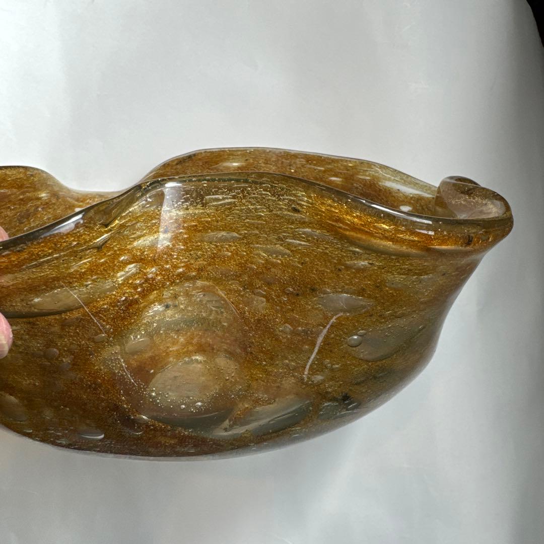 稲嶺盛吉氏.宙吹きガラス.茶泡ガラス.深皿