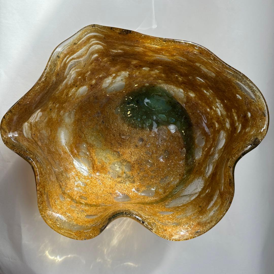 稲嶺盛吉氏.宙吹きガラス.茶泡ガラス.深皿