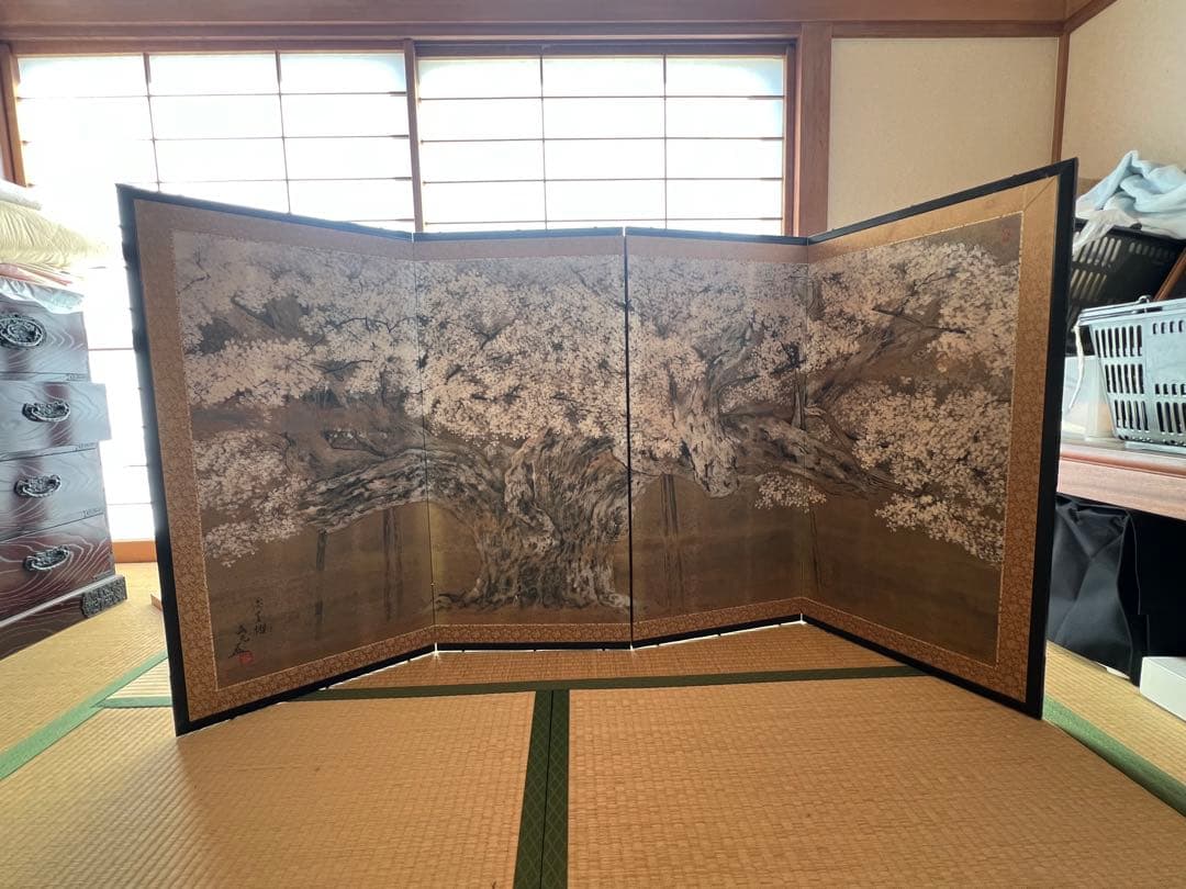 伊藤嘉晃 淡墨桜図 屏風 四曲一隻 複製画 日本画家