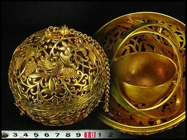 香道具 鍍金 纏枝蓮花 鳳紋透かし 吊り香炉 球香炉 唐物(K-YC347-2)