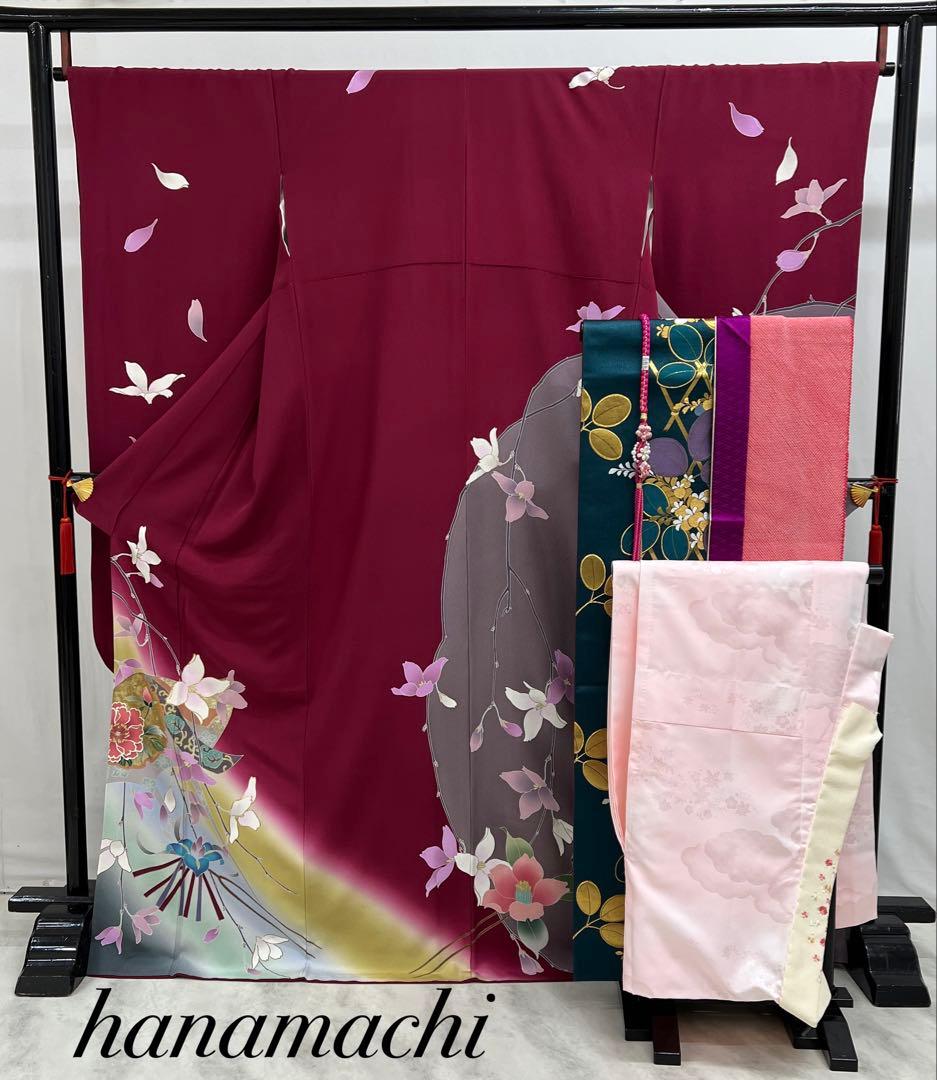 振り袖　フルセット　長襦袢付　赤　金彩加工　パールトーン　刺繍入り　522