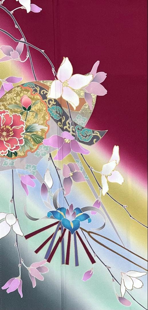 振り袖　フルセット　長襦袢付　赤　金彩加工　パールトーン　刺繍入り　522