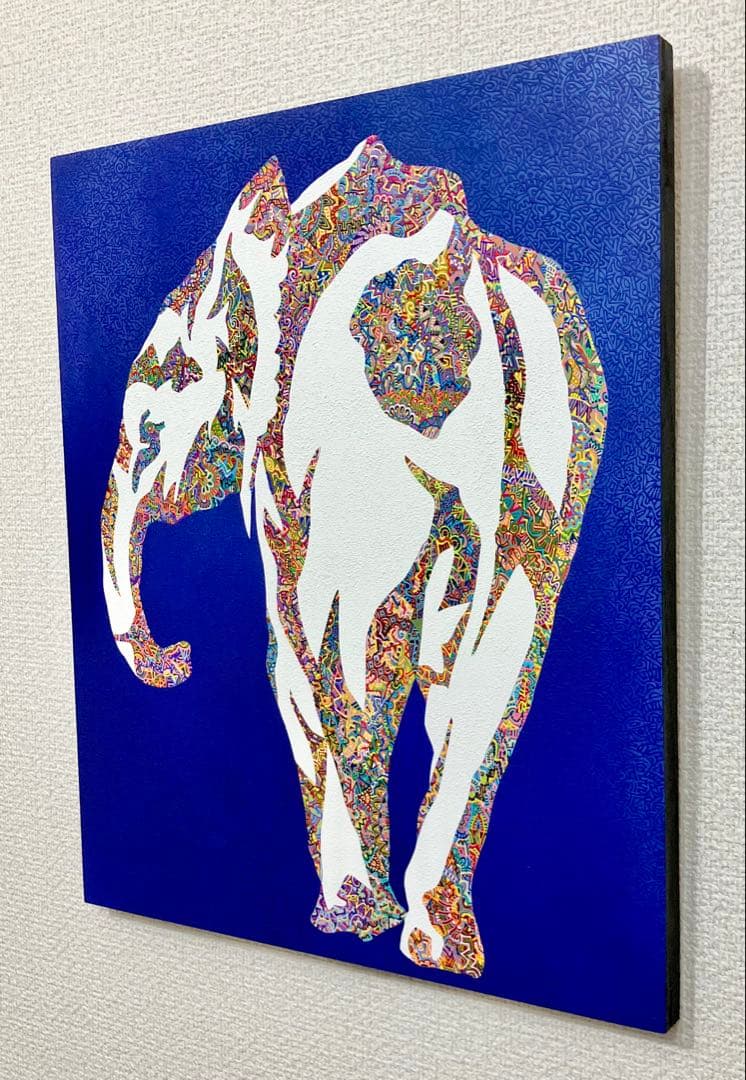 原画　象　動物画　絵画　アクリル画　現代アート　細密画　手描き　一点物