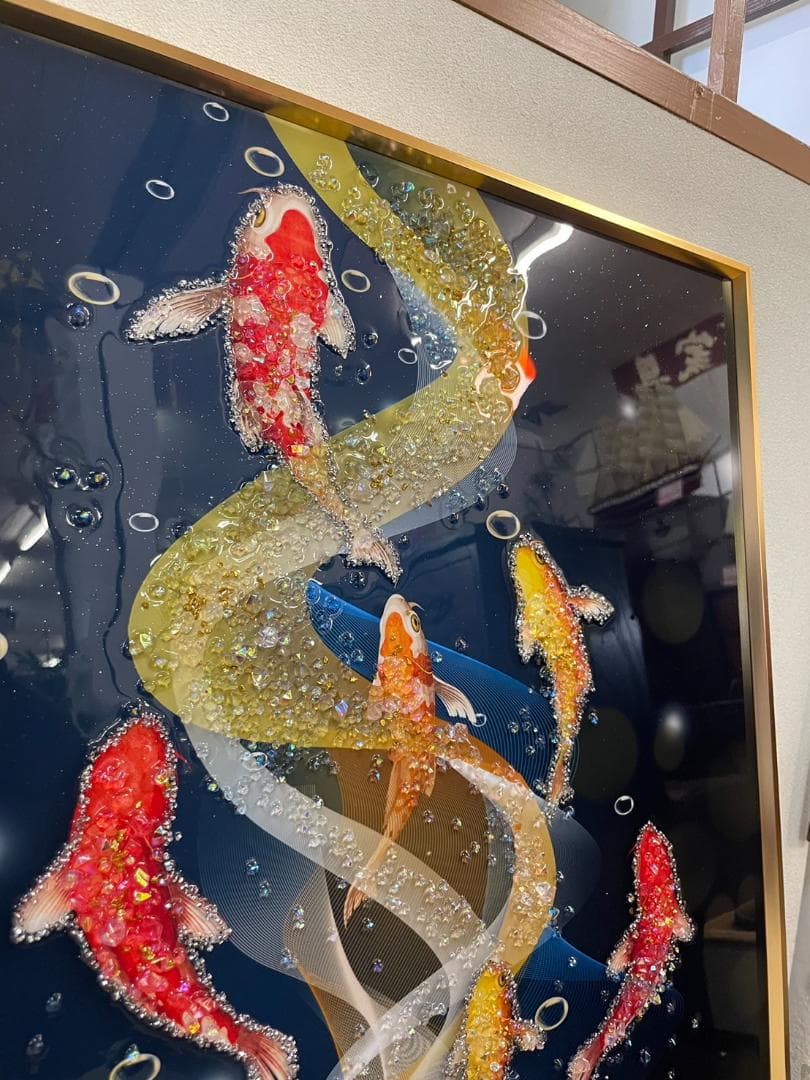水晶絵　アートパネル　昇り鯉　鯉の滝登り　鯉　コイ　クリスタル　絵画　アート
