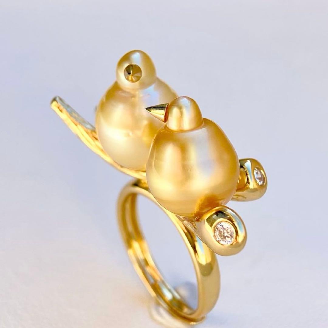 本真珠南洋白蝶真珠ゴールド&濃金s925「鳥と枝」リングY1005