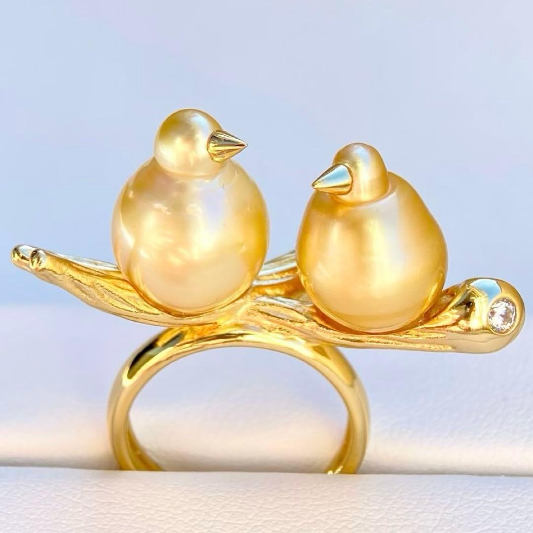 本真珠南洋白蝶真珠ゴールド&濃金s925「鳥と枝」リングY1005