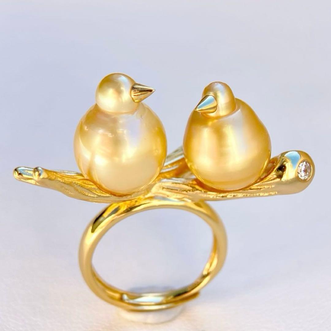 本真珠南洋白蝶真珠ゴールド&濃金s925「鳥と枝」リングY1005