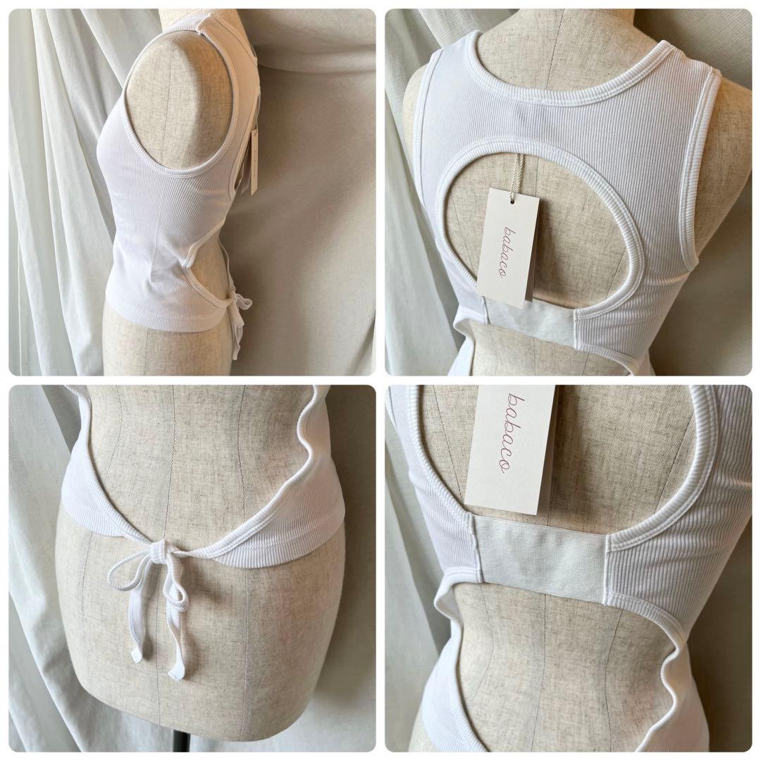 babaco バックオープンとリボンデザイン シルクリブタンクトップ