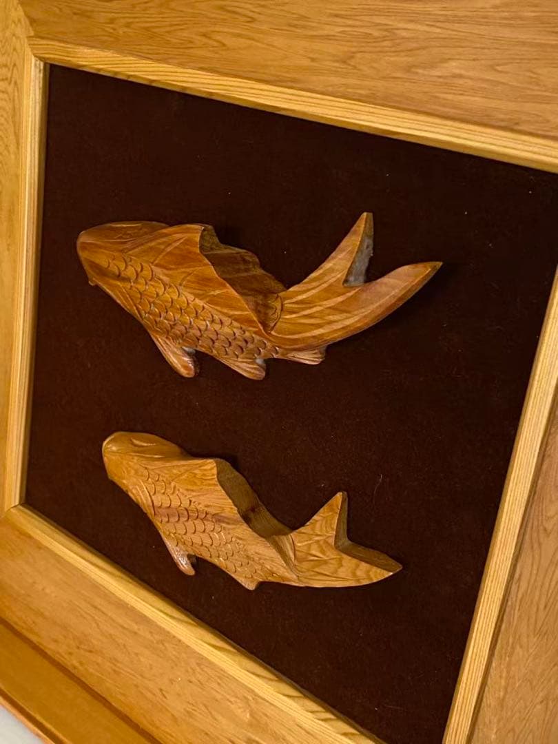 木彫り 額装屋久杉木魚双鯉 彫刻 年代品