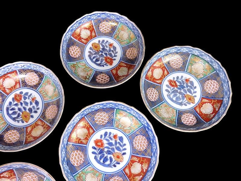 大聖寺伊万里　金襴手　青海波に牡丹の図　４寸皿　５枚　B205AS-CZe