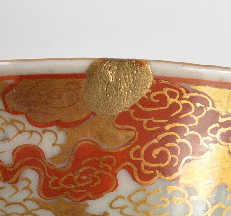 九谷焼　古九谷　大日本九谷製　赤絵金彩　玉露茶碗　煎茶器　5客　M　R4767