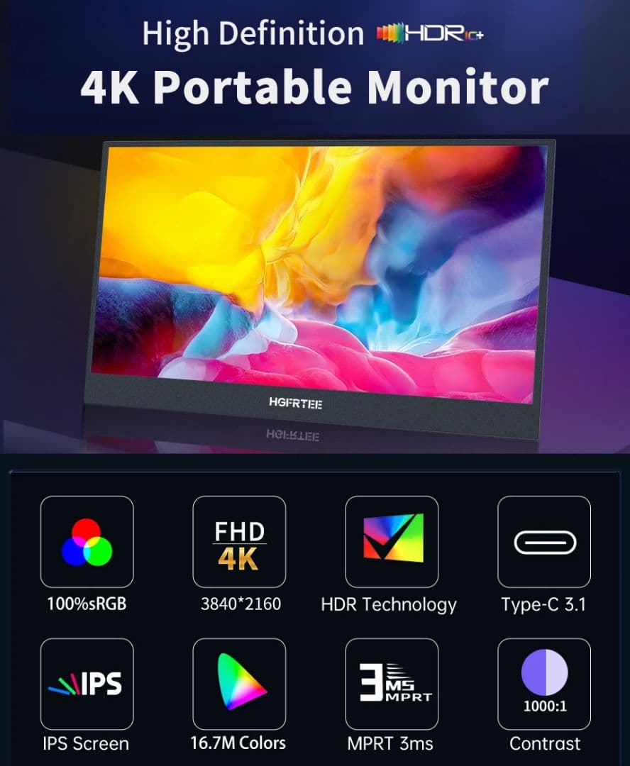 HGFRTEE 14インチ モバイルモニター 4K 3840 x 2160
