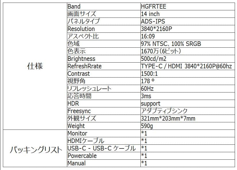 HGFRTEE 14インチ モバイルモニター 4K 3840 x 2160