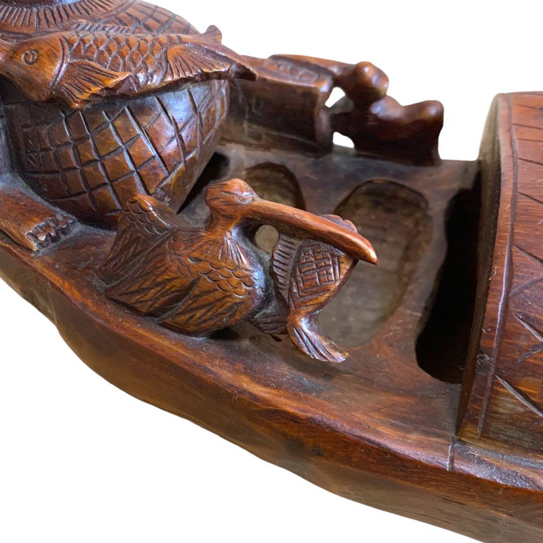 管理番号❀M169◻️⊶希少レア1点物⭐︎ 老子 木舟 竹 木彫り 漁師 大漁