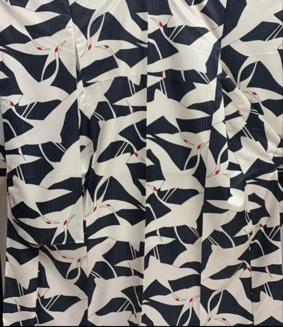 振袖 鶴デザイン 白地 黒縞