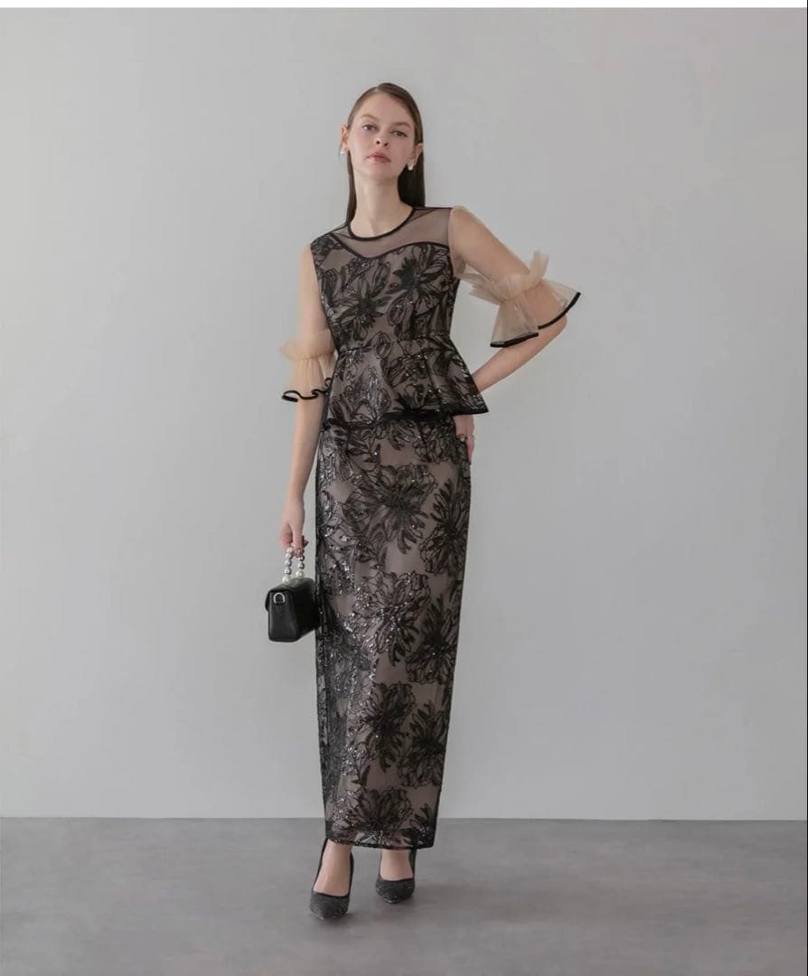 アシンメトリーシアーフラワースパンコールフリルチュール セットアップドレス