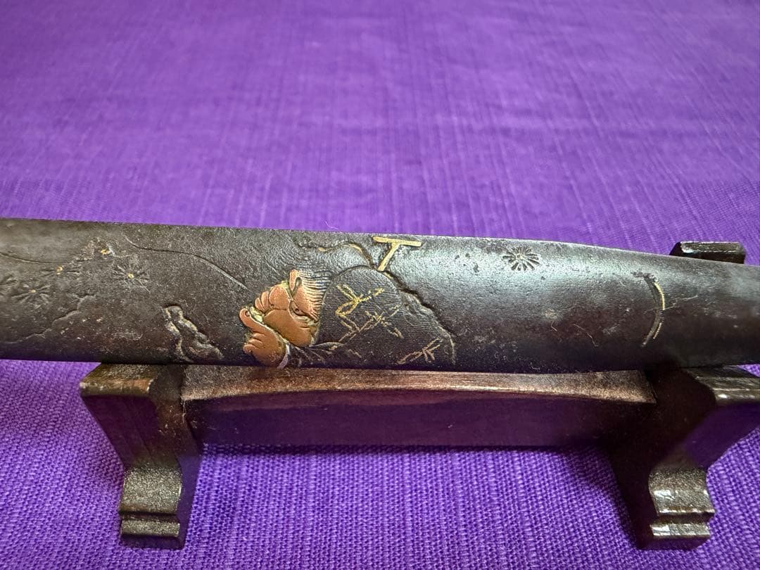 江戸後期　総鉄製笄　鉄拐仙人図　色絵象嵌（日本刀装具小柄小刀目貫縁頭鍔鐔拵八仙