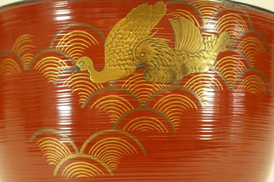 朱塗刷毛目 鴛鴦蒔絵 椀 一対 時代物(ZE659)