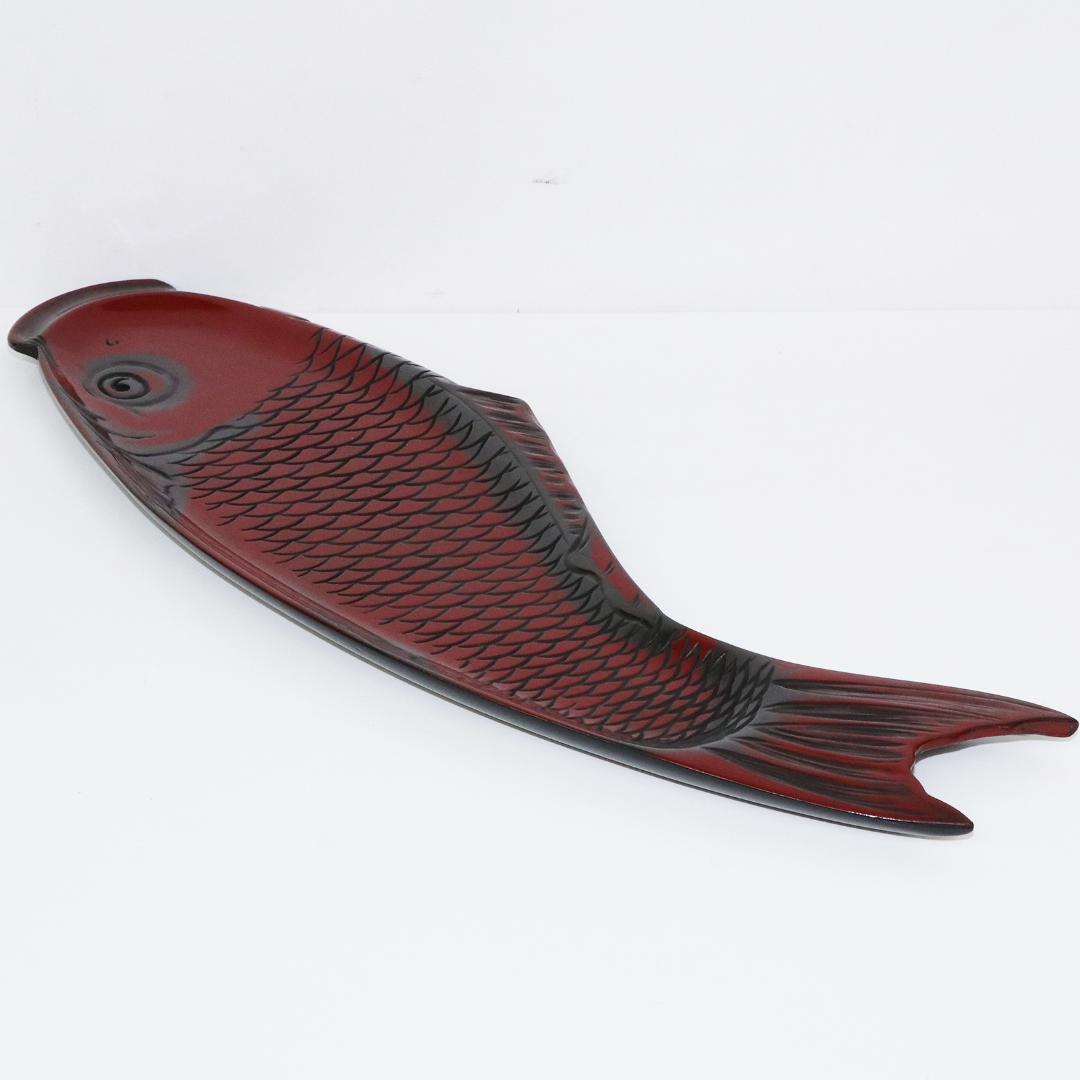 煎茶道具 朱漆 鯉型 大煎茶盆　横幅 57cm