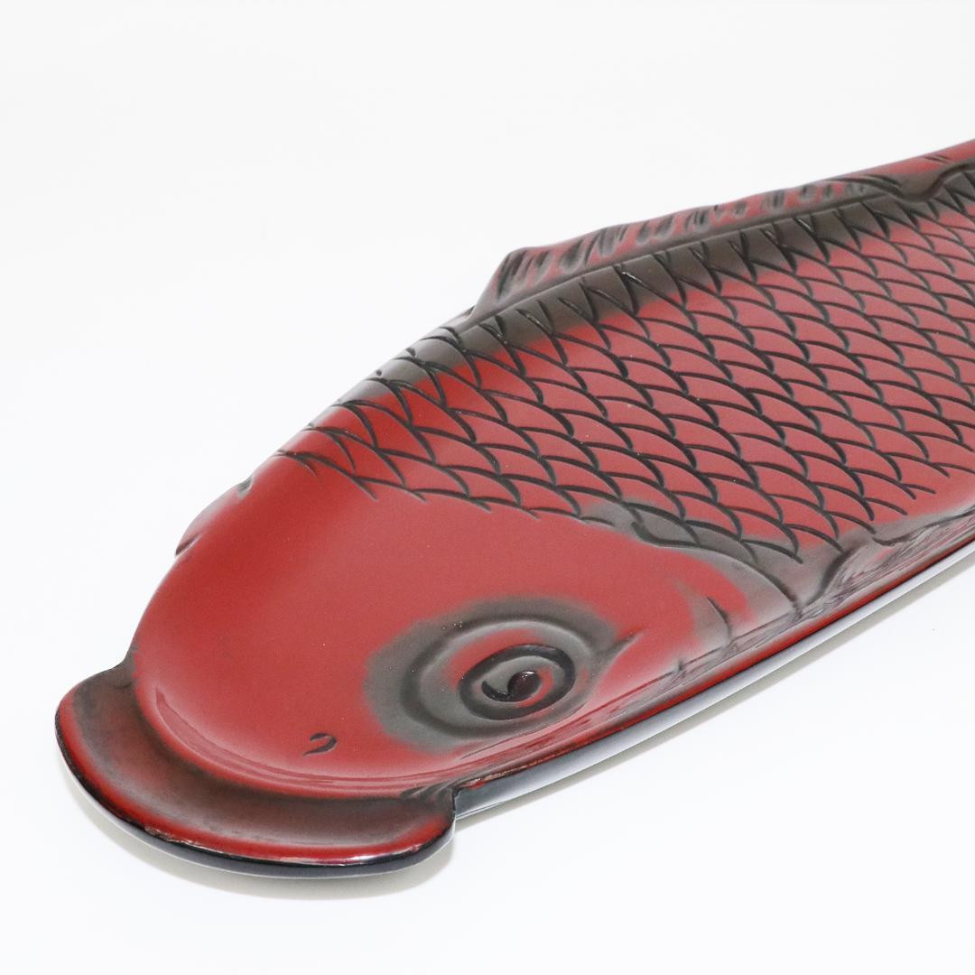 煎茶道具 朱漆 鯉型 大煎茶盆　横幅 57cm