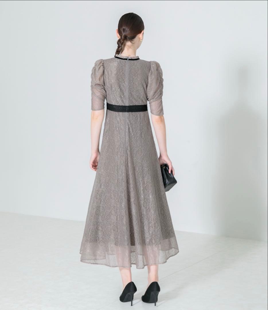 【LEJA】ウエストマークパフスリーブ総レースロングドレスワンピースS