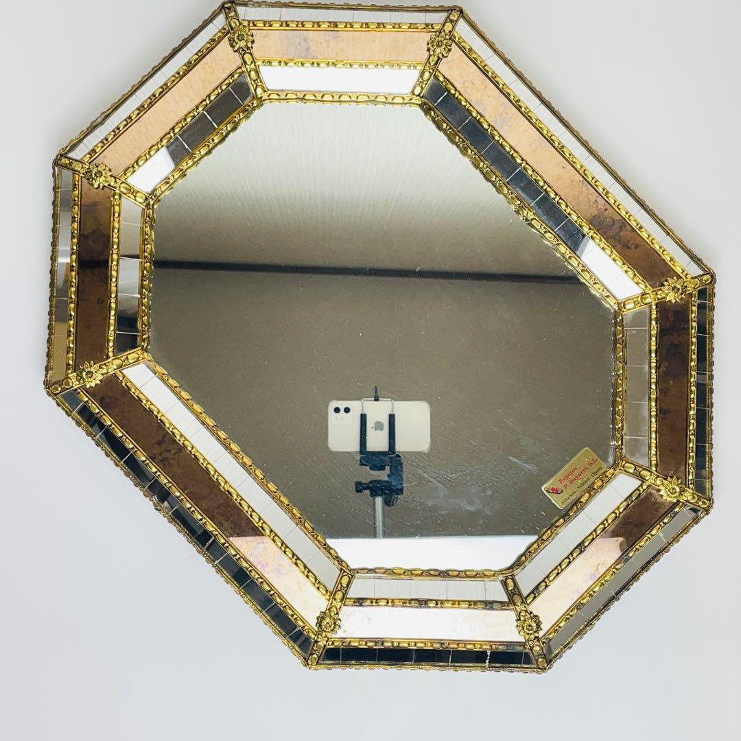 スペイン製 アンティーク 八角形 鏡 ミラー 金属枠 壁掛け ヴィンテージ 装飾
