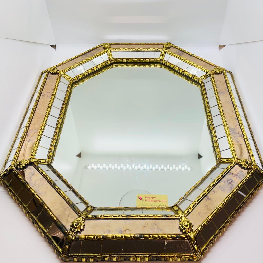 スペイン製 アンティーク 八角形 鏡 ミラー 金属枠 壁掛け ヴィンテージ 装飾