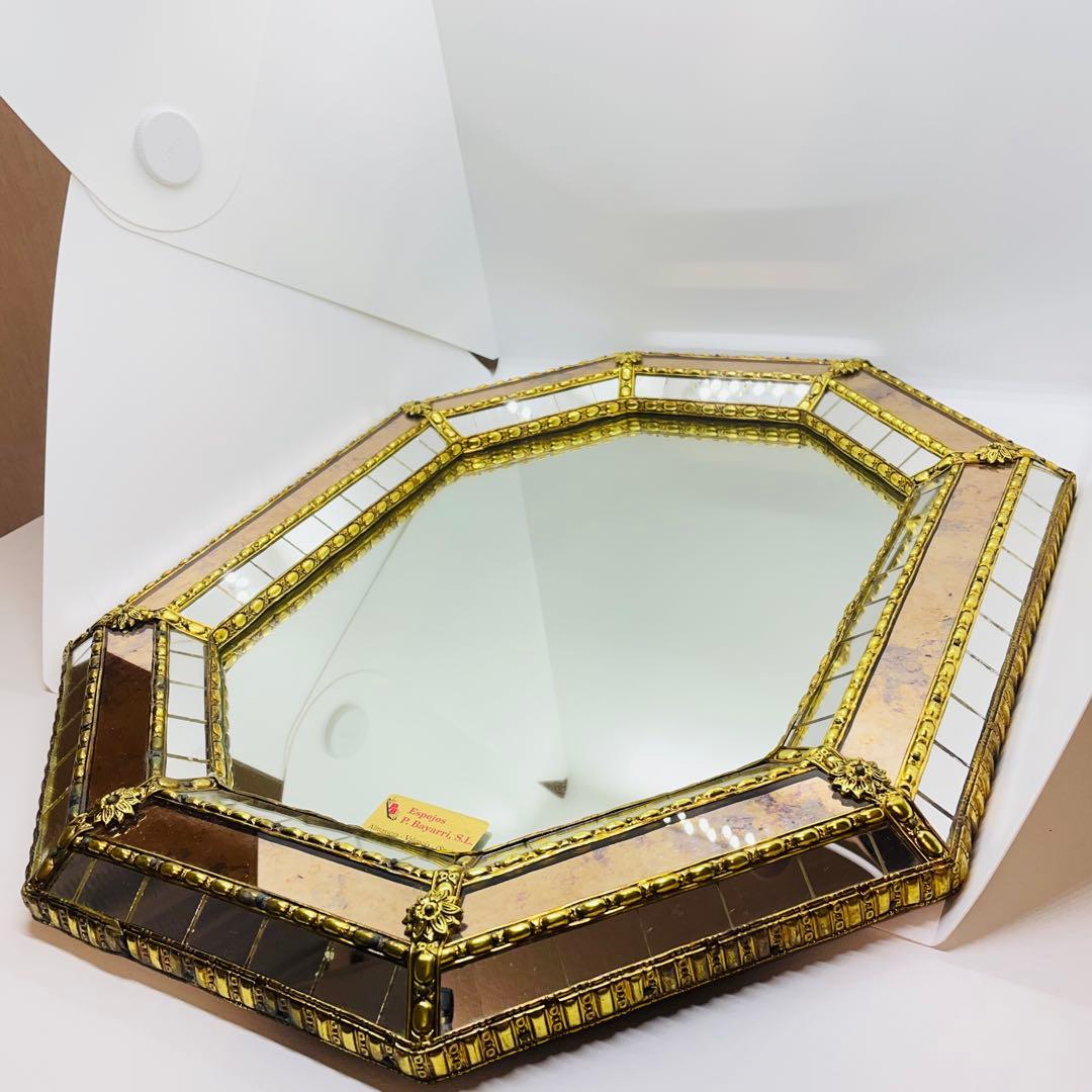 スペイン製 アンティーク 八角形 鏡 ミラー 金属枠 壁掛け ヴィンテージ 装飾