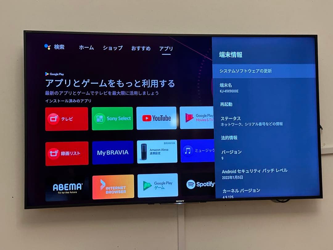 ソニーBRAVIA・KJ-49X9000E（スタンドなし）