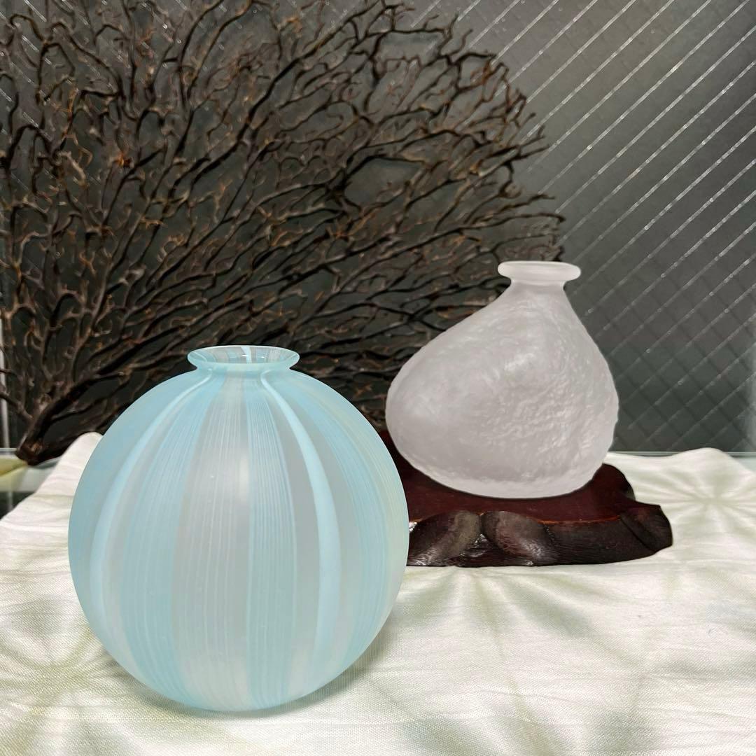 骨董　現代作家　富山ガラス工房　作家作品　縞模様　スカイブルー　かぶら型　花器