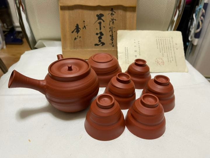 人間国宝　三代目山田常山作　常滑焼朱泥茶器セット　煎茶