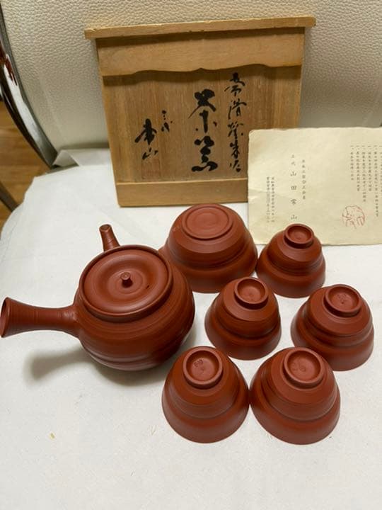 人間国宝　三代目山田常山作　常滑焼朱泥茶器セット　煎茶