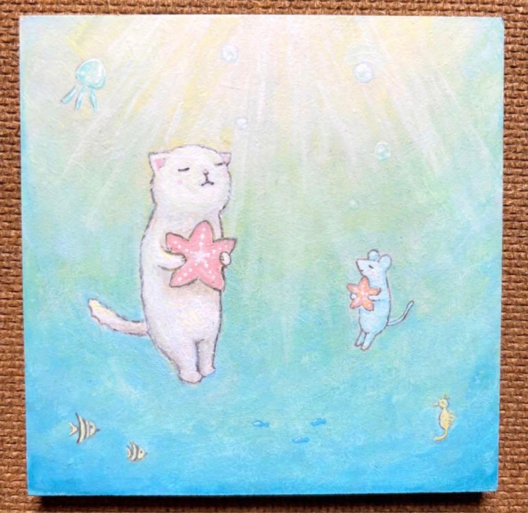 けい　自作絵画　ネコかまくら　猫とネズミと小鳥の絵