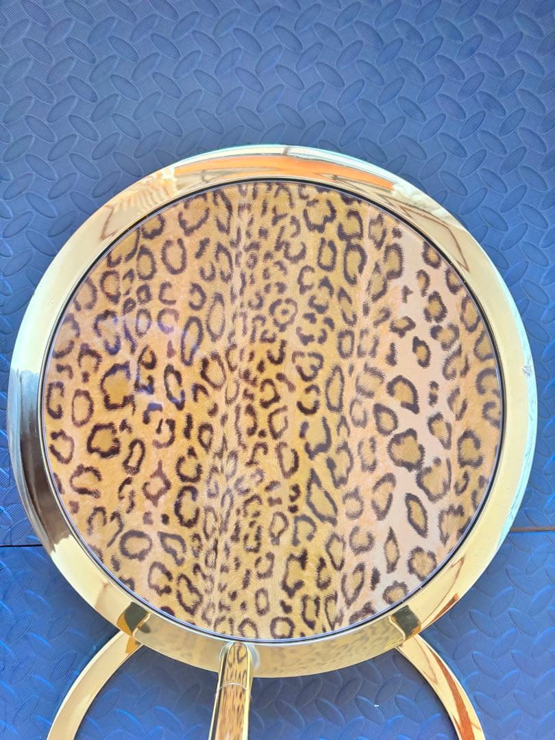 円形スライドテーブル　サイドテーブル　豹柄　ガラステーブル　ラウンドテーブル