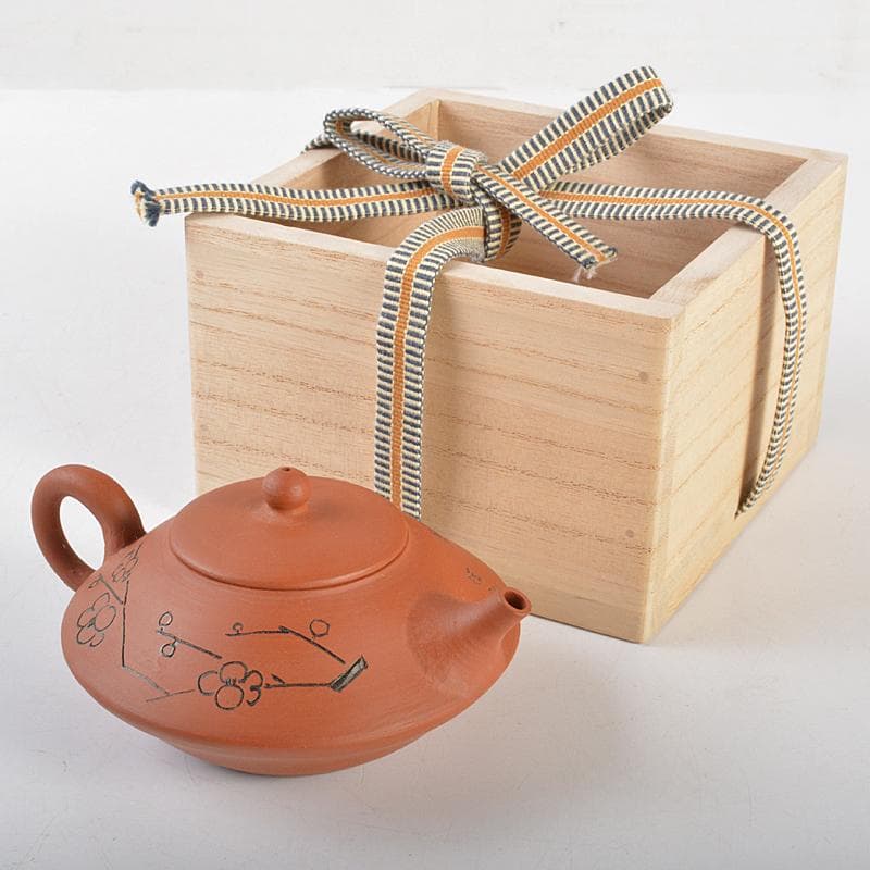 常滑焼　三代山田陶山作　紫砂　朱泥　漢詩梅文　急須　箱蓋無し　V　R7121