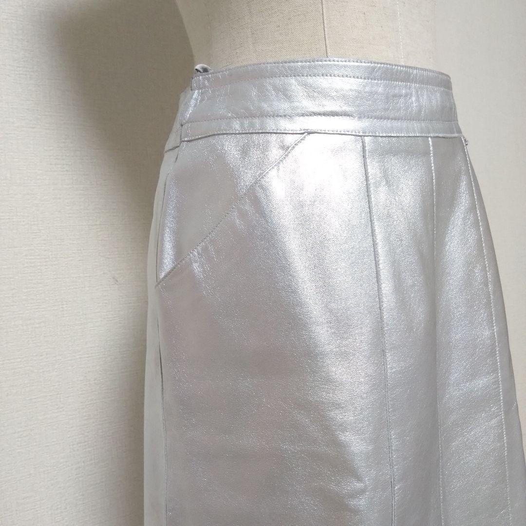 正規品 CHANEL シャネル レザースカート ラムレザー 膝丈 シルバー