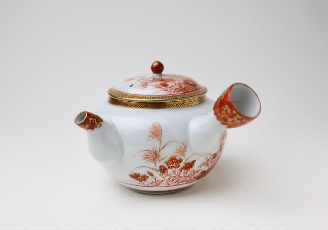 九谷焼 金城竜山 九谷竜山 金彩 赤絵秋草 煎茶器 急須 煎茶道具 煎茶碗