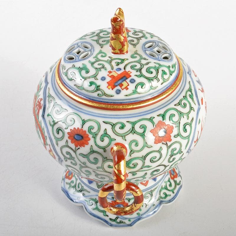 篩月庵　三浦竹泉造　赤絵金彩　花唐草龍文　双耳遊環香炉　共布共箱　J　R7438