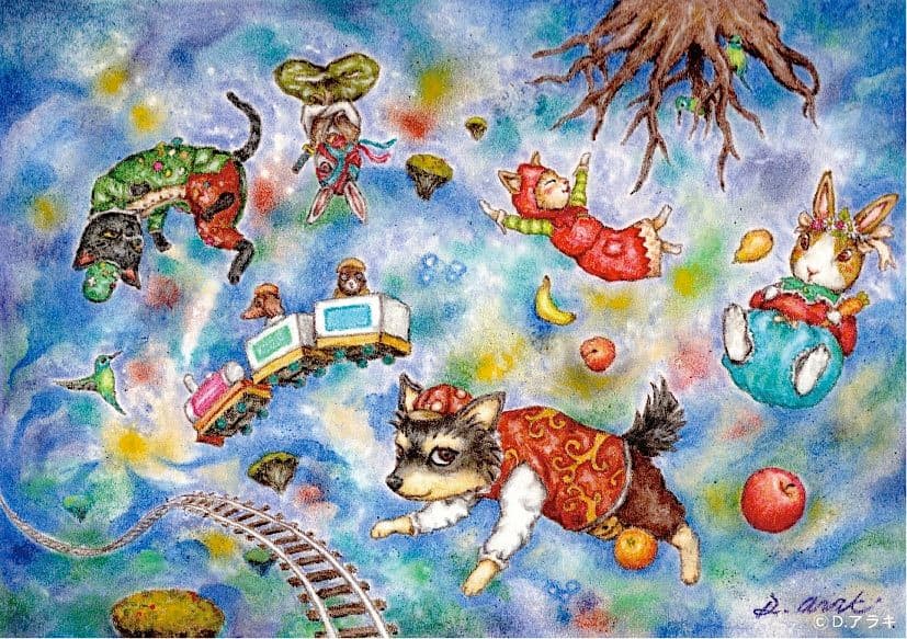 【原画】『重量0地点』（動物画　パステル画　犬　猫　チワワ）