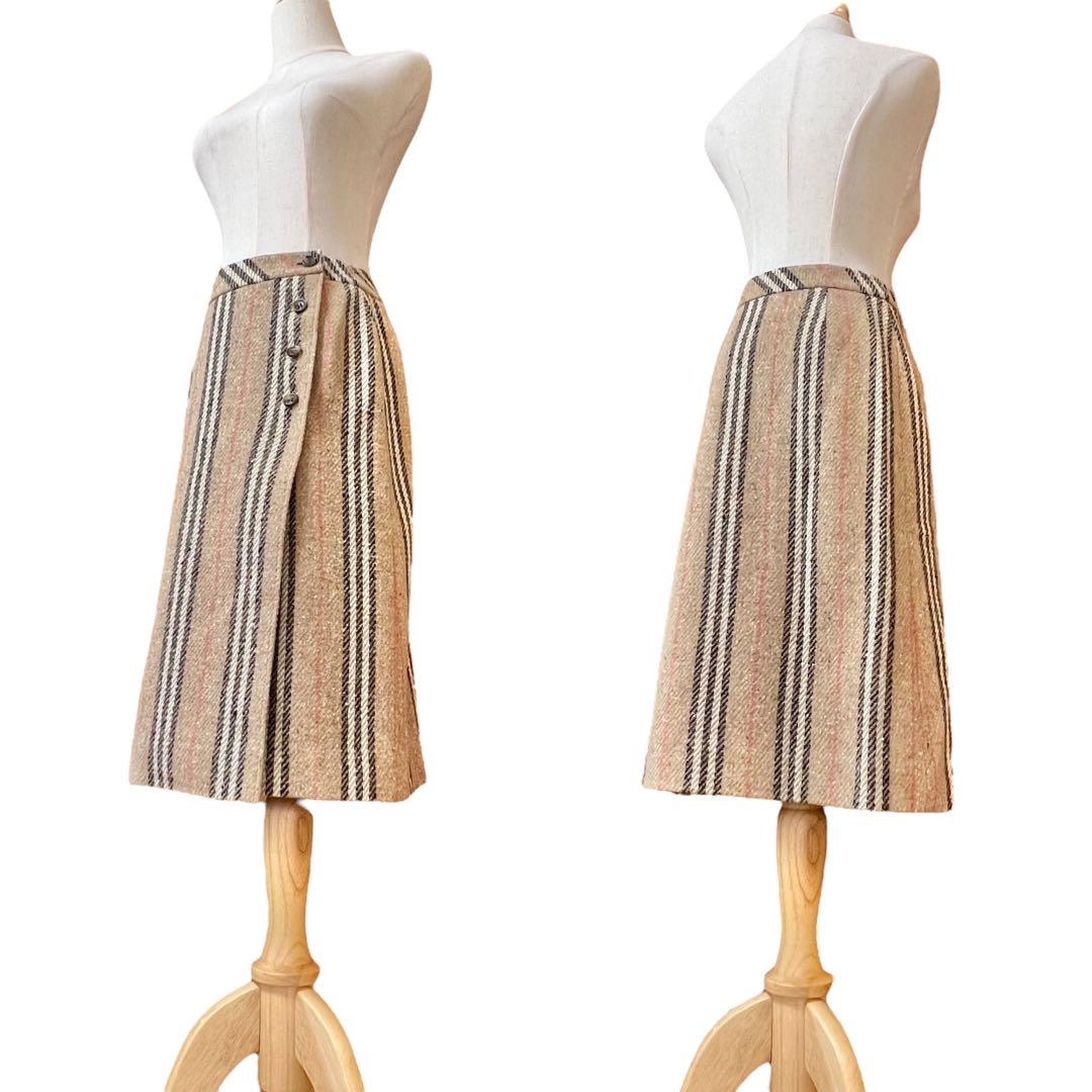 【バーバリーロンドン】ウールノバストライプラップスカート☆ミモレ丈☆ボタン☆S