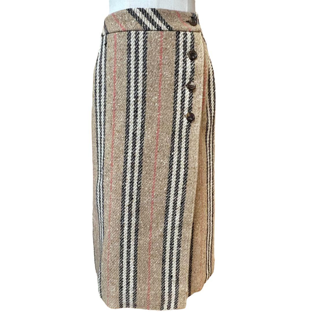 【バーバリーロンドン】ウールノバストライプラップスカート☆ミモレ丈☆ボタン☆S