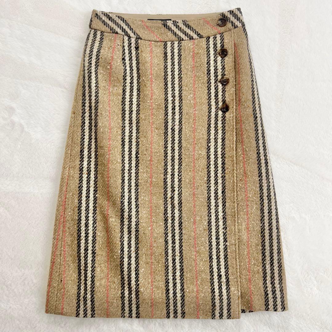 【バーバリーロンドン】ウールノバストライプラップスカート☆ミモレ丈☆ボタン☆S