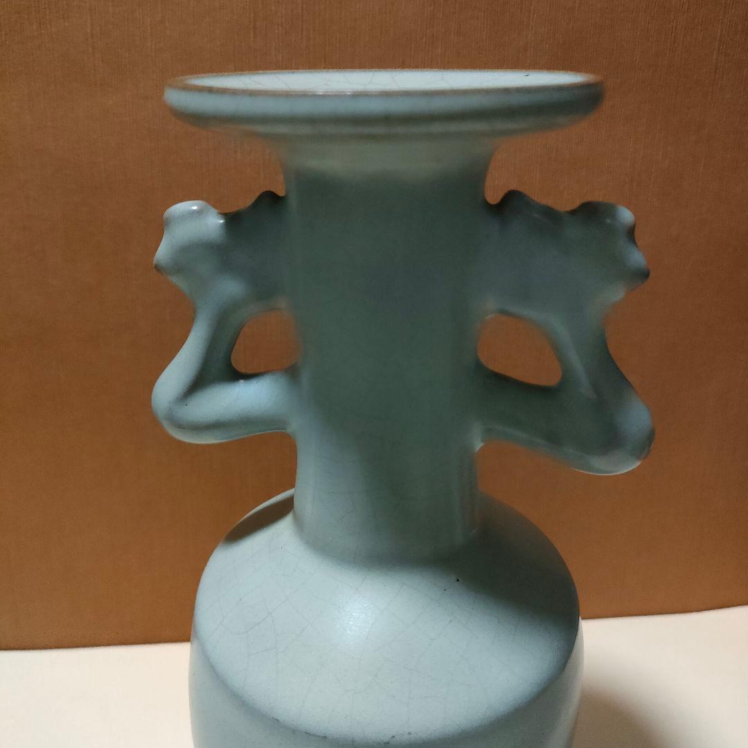 中国美術　月白釉　時代物　アンティーク　双耳花入　花瓶　仿汝窯　清朝