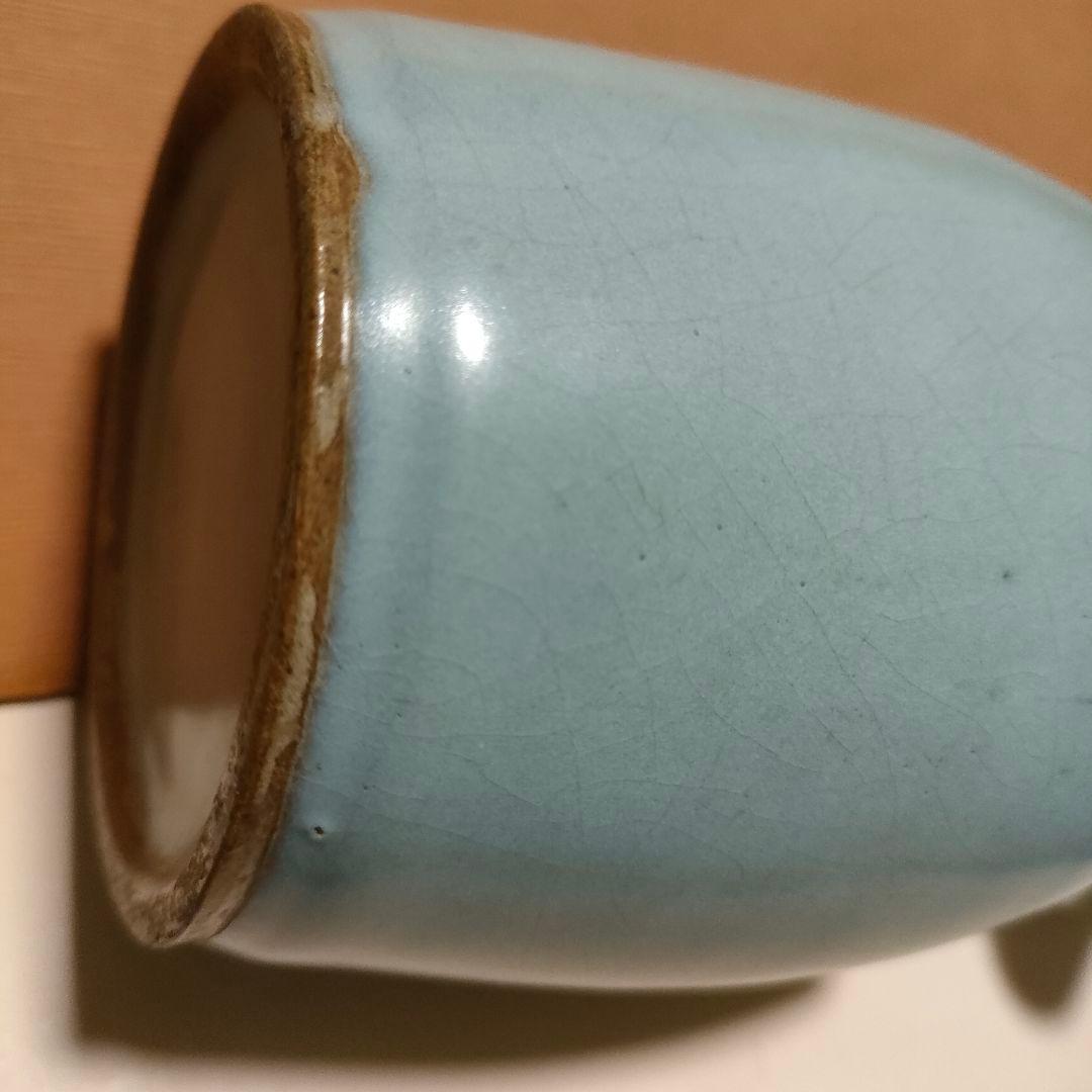 中国美術　月白釉　時代物　アンティーク　双耳花入　花瓶　仿汝窯　清朝